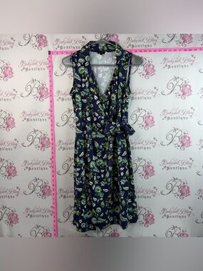 Talbots Floral Wrap Midi Dress with Navy, Green and White Floral Print